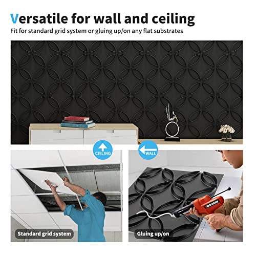 Art3d PVC 3D Wall Panel Interlocked Circles, Cover 32 Sq.ft, Matt Black - color: Black