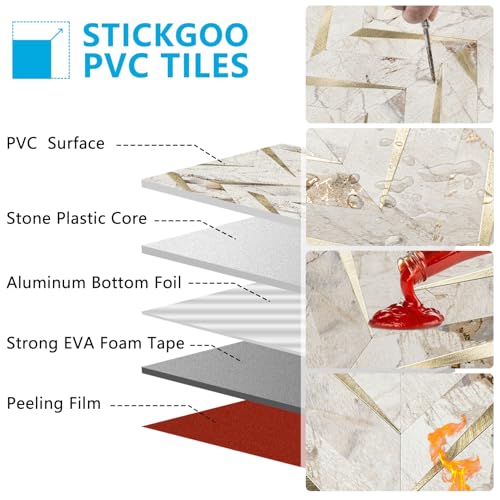 STICKGOO Herringbone Tile Peel and Stick Backsplash for Kitchen&Bathroom - color: Polished Pandora Marble Mixed Metal Gold