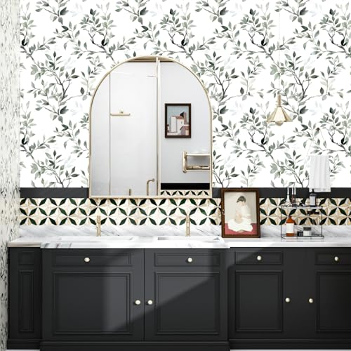 ILHIIOR Green Leaf Peel and Stick Wallpaper Boho 17.5 x118 Inches - color: Green&White, size: 17.5" x 118.1"