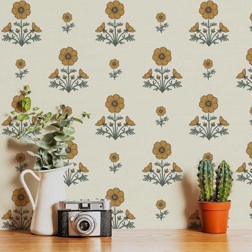 Vintage Floral Wallpaper Floral Peel and Stick Wallpaper for Bathroom 78.7"×17.3" Daisy Wall Paper Yellow and Green Cottagecore Contact Paper for Nursery Kitchen Self-Adhesive Vinyl Waterproof - color: Yellow and Green, size: 17.3" x 78.7"