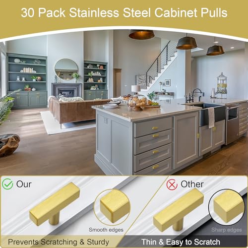 AEEKEL 30 Pack Brushed Brass Kitchen Cabinet Knobs, 2" Length Drawer Pulls - color: Gold, size: Single Hole