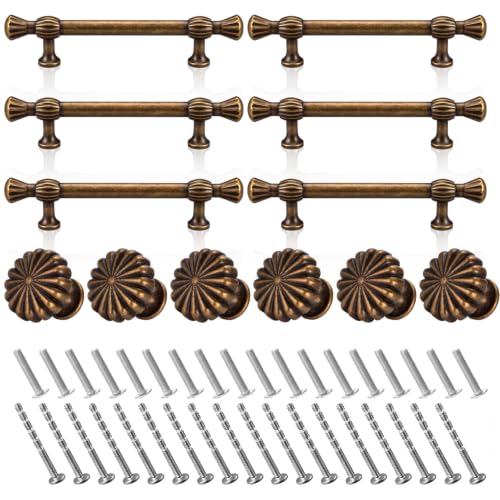 12 Pack Antique Brass Cabinet Knobs and Pull Handles, Elegant Vintage Bloom