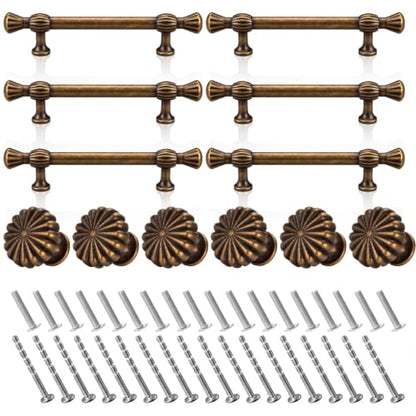 12 Pack Antique Brass Cabinet Knobs and Pull Handles, Elegant Vintage Bloom