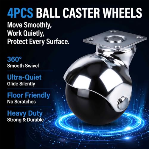 2 Inch Ball Casters Without Brake, Set of 4 Heavy Duty Swivel Plate((Chrome) - color: Chrome without Brakes