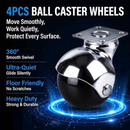 2 Inch Ball Casters Without Brake, Set of 4 Heavy Duty Swivel Plate((Chrome) - color: Chrome without Brakes