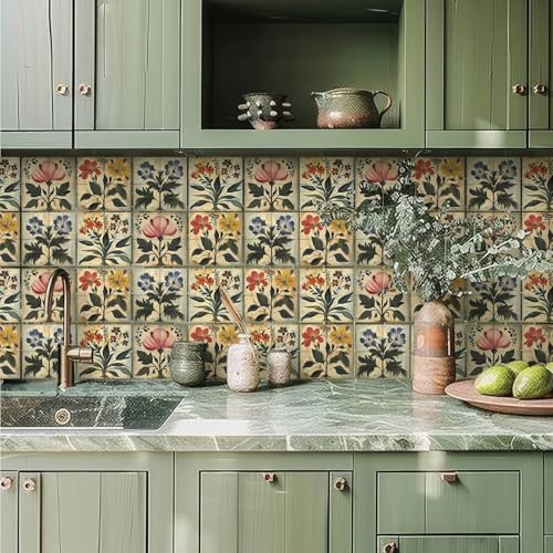 Faccito 24 Pcs Boho Flower 4x4 Tile Stickers Peel Stick Wall - style: Boho Flower