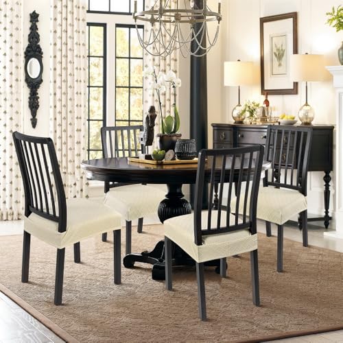 SearchI Dining Chair Seat Covers, Rear Covered(Check Jacquard Beige, 4pcs) - color: Check Jacquard Beige