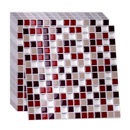 Alwayspon 10 Sheets 12"x12" Wine Red 3D Mosaic Vinyl Backsplash Tiles, Self-Adhesive Peel and Stick Subway Tile Stickers Stick on Wall Tiles for Kitchen Bathroom Decor - color: WJ-TSQS66, size: 12 inch x 12 inch