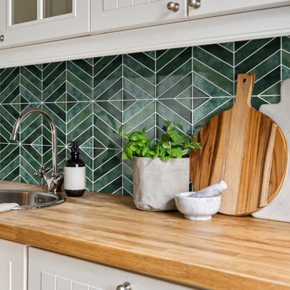 10-Sheet Herringbone Peel and Stick Backsplash Tiles for Kitchen, 3D Marble Look Self Adhesive Stick on Back Splashes Wall Tiles for Bathroom 11.5"x9" Dark Green - color: DarkGreen