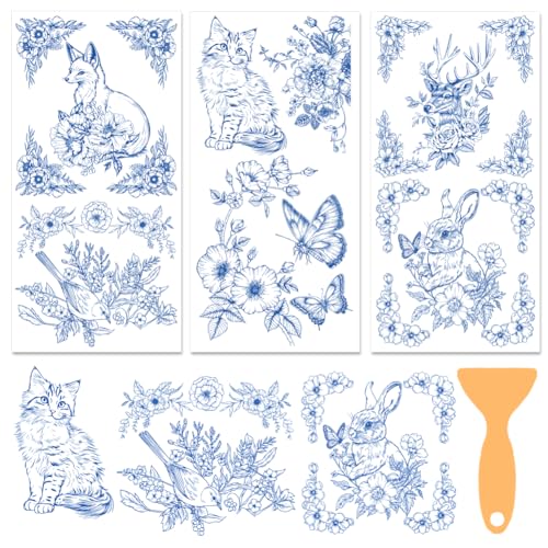 3 Sheets Vintage Rub on Transfers for Crafts and Furniture,Animals and Plants,Cold IOD Transfers Stickers,Rub on Transfer Furniture Decals Sticker for Wood,Glass,DIY Home Decor 11.8x5.9'' - style: Blue Animals and Lace Corners