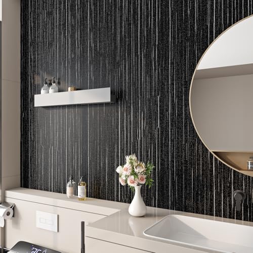 Livelynine 15.8x394 Black Textured Wallpaper Peel and Stick Waterproof Black and White Grasscloth Wall Paper for Bathroom Accent Covering Fabric Vinyl Embossed Textured Contact Paper Renter Friendly - color: Black Grasscloth, size: 15.8" x 394"