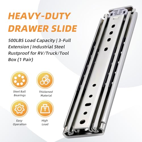Heavy Duty Drawer Slides 12 14 16 18 20 22 24 26 28 30 32 34 36 40 44 48 52 56 60 Inch 500 Lbs Side Mount Full Extension Ball Bearing Rails Rail Tool Box Runner -W:76mm, 16 Inch - size: 16 Inch, style: Load:500 lb (No lock) -W:76mm
