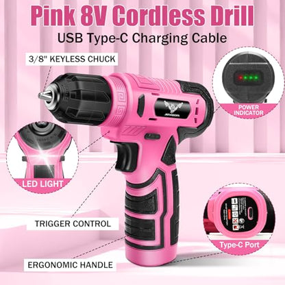 JENABOM 8V Pink Cordless Drill, 3/8" Keyless Chuck, Variable Speed - color: Pink