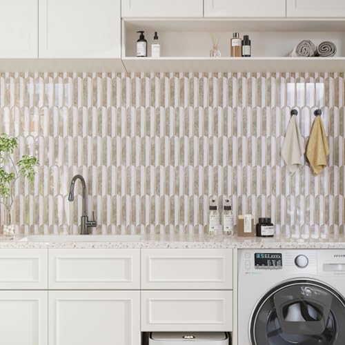 CRE8TIVE 4 Sheets Long Fish Scale Tile Peel and Stick Backsplash for Kitchen and Bathroom Adhesive Backsplash Stick on Wall Tiles Peel and Stick Shower Tile Waterproof 12"x12" White Brown Slate Tiles - color: White Brown, size: 12"x12" (4-Sheets)