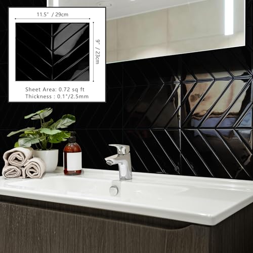 10-Sheet Herringbone Peel and Stick Backsplash Tiles for Kitchen, 3D Marble Look Self Adhesive Stick on Back Splashes Wall Tiles for Bathroom 11.5"x9" Black - color: Black