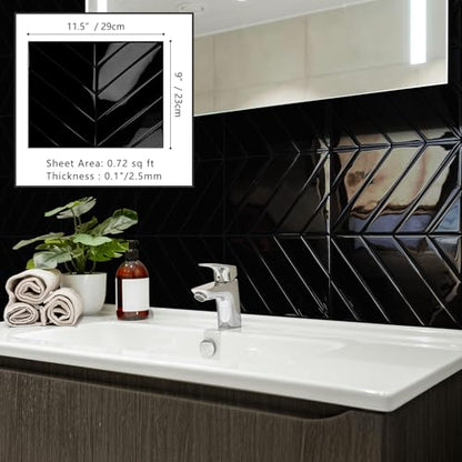 10-Sheet Herringbone Peel and Stick Backsplash Tiles for Kitchen, 3D Marble Look Self Adhesive Stick on Back Splashes Wall Tiles for Bathroom 11.5"x9" Black - color: Black
