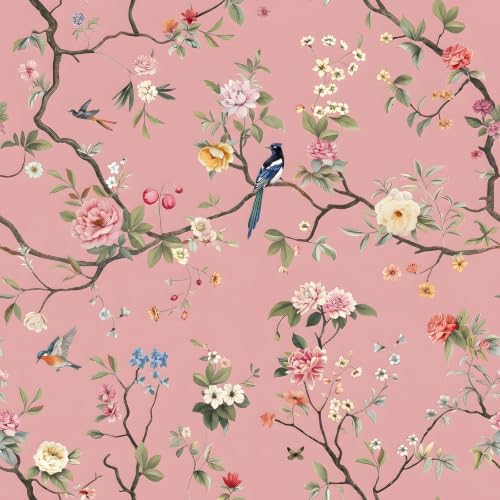 CHIHUT Blush Pink Chinoiserie Bird Floral Peel and Stick Wallpaper - color: Blush Pink, size: 17.7" x 236"