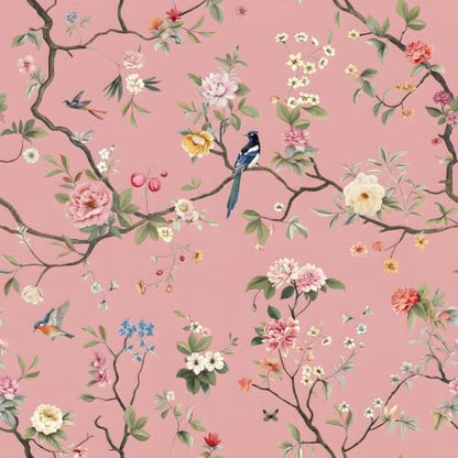 CHIHUT Blush Pink Chinoiserie Bird Floral Peel and Stick Wallpaper - color: Blush Pink, size: 17.7" x 236"