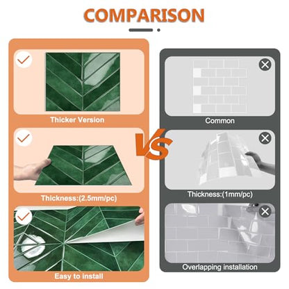 10-Sheet Herringbone Peel and Stick Backsplash Tiles, Green - color: Green