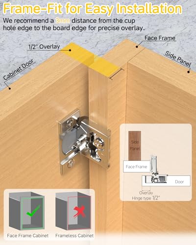 Onemake 20 Pack 1/2" Overlay Face Frame Soft Close Cabinet Hinges, 105° Concealed Hinge, Smooth Slow Self Closing, 3D Adjustable, Hidden Hardware Replacement for Kitchen, Wardrobe, Cupboard Door - size: 1/2"