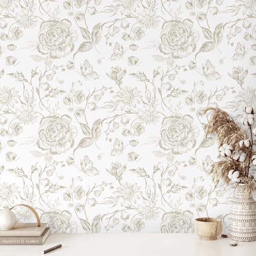 Peel and Stick Wallpaper Floral Wall Paper Boho Embroidered Contact Paper Bedroom Bathroom Wallpaper Beige and White Removable Self-Adhesive Kitchen Wall Decor Vinyl Roll 17.3" x 787" - color: Beige and White, size: 17.3" x 787"