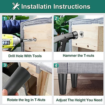 4pcs Plastic Furniture Legs 6" with T-Nuts, M8-1.25 Thread Bolt - size: 6 Inch, M8-1.25 Metric Thread Bolts
