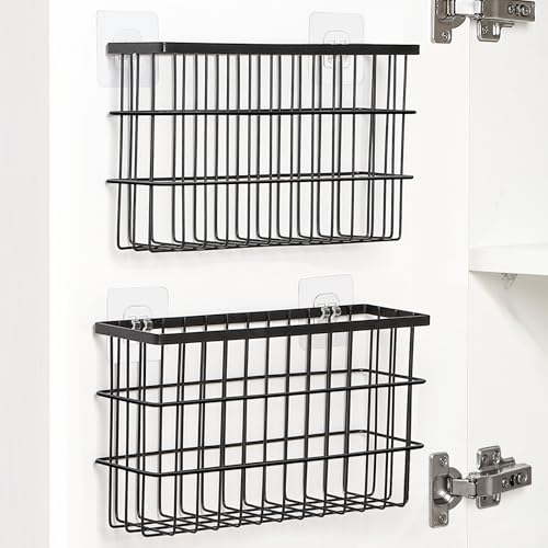 Sinnsally 2 Pack Cabinet Door Organizer,Self Adhesive Lid Organizers Inside Cabinet Storage Boxes,Hanging Storage Basket Organizer Wall Mounted Pantry Caddy Cup Holder for Kitchen,Fridge,Bathroom - color: Black