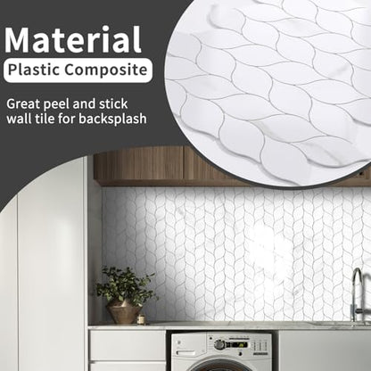 Tilingview 10-Sheet Peel and Stick Backsplash Tile for Kitchen, Self-Adhesive Mosaic Glossy Leaf Stick on Wall Tile with Gaps (Calacatta White) - color: Leaf Gaps Calacatta White