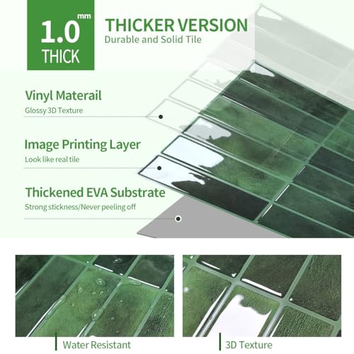 Peel and Stick Backsplash 3D Wall Tiles,Self-Adhesive,Oil Proof,Waterproof, Removable Wall Panels for Kitchen & Bathroom,Modern Design, Easy Install (10.7ft，12x9 inch,14 Pack) (Green) - color: Green