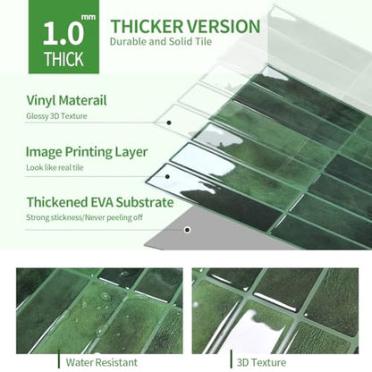 Peel and Stick Backsplash 3D Wall Tiles,Self-Adhesive,Oil Proof,Waterproof, Removable Wall Panels for Kitchen & Bathroom,Modern Design, Easy Install (10.7ft，12x9 inch,14 Pack) (Green) - color: Green