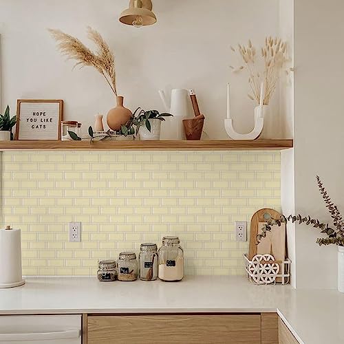 Alwayspon 10 Sheets Yellow Cream 3D Vinyl Backsplash Subway Sticker Peel and Stick, Self-Adhesive Wall Tile Transfer Wall Sticker Sheets for Kithchen Bathroom, 12x6inch - color: Dj106