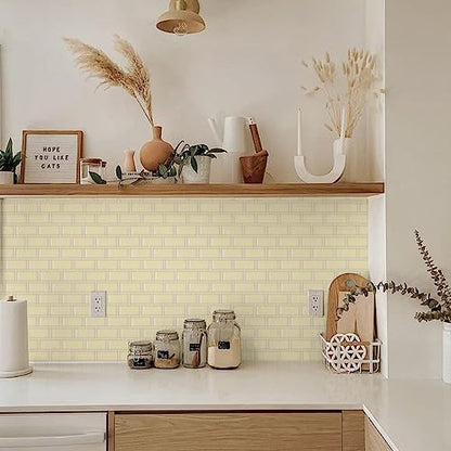 Alwayspon 10 Sheets Yellow Cream 3D Vinyl Backsplash Subway Sticker Peel and Stick, Self-Adhesive Wall Tile Transfer Wall Sticker Sheets for Kithchen Bathroom, 12x6inch - color: Dj106