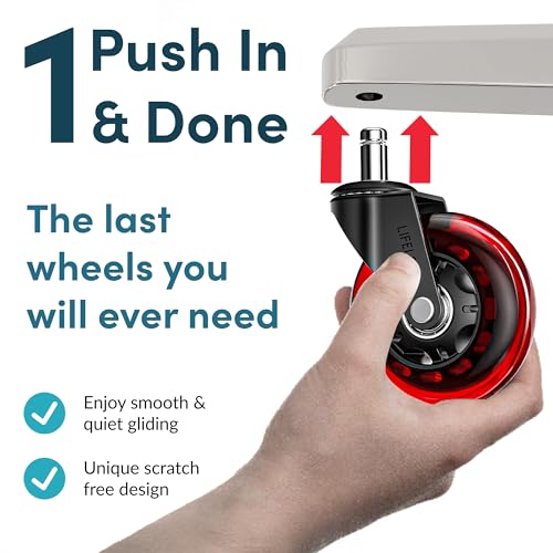 Lifelong Office Chair Wheels Replacement, Heavy Duty, Red, 5-Pack Fits 98% - color: Red & Clear, size: 3 Inch
