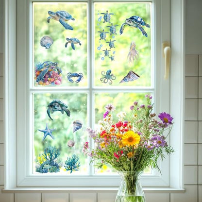 3 Sheets Sea Rub on Transfer Stickers for Furniture and Crafts Sea Turtles Wall Stickers Waterproof Transfer Decals Sticker Marine Animal Transfer Sticker for Dresser Glass Wood 6"x12" - color: Summer Pattern A