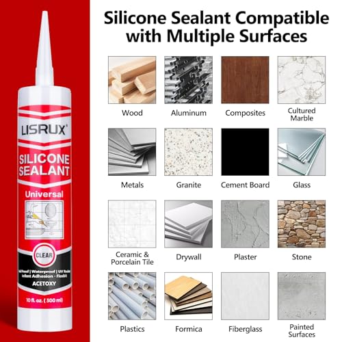 LISRUX Advanced Clear Silicone Caulk for Kitchen & Bathroom,10 fl oz Cartridge,24 Pack,100% Waterproof RTV Silicone Sealant,Stronger Adhesion,Shrink & Crack Proof - size: 24P
