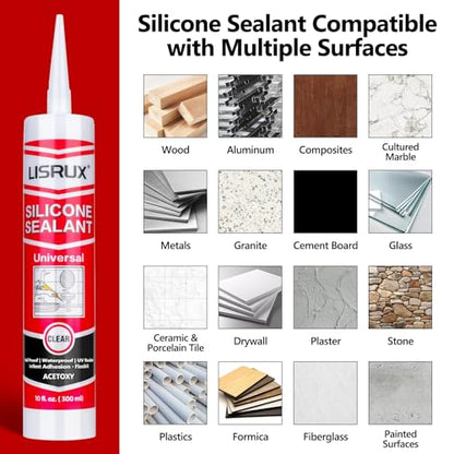 LISRUX Advanced Clear Silicone Caulk for Kitchen & Bathroom,10 fl oz Cartridge,24 Pack,100% Waterproof RTV Silicone Sealant,Stronger Adhesion,Shrink & Crack Proof - size: 24P