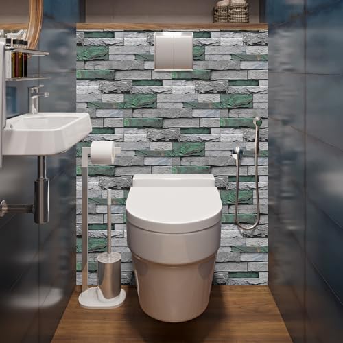 Alwayspon 24Pcs 12x6inch Peel&Stick Wall Sticker Vinly Wallpaper, Waterproof Backsplash for Kitchen Bathroom, Self-Adhesive Tile Transfers Decal Stick on Tiles with Dark Green Stone Brick Effect - color: Fg-l12, size: 24 Pcs