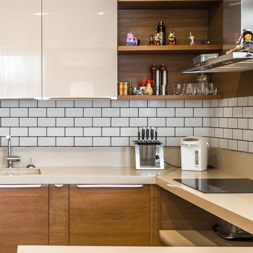 Art3d Faux Ceramic Subway Tile Peel and Stick Backsplash, 10-Pack, White - color: White with Black Grout