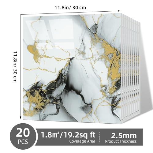 Peel and Stick Tile Shower Waterproof Marble Tiles Wall Panels, 11.8"x11.8" Self-Adhesive Backsplash Tile, 20 Pack - color: Gold with Gray, size: 20 Pack
