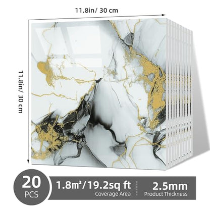 Peel and Stick Tile Shower Waterproof Marble Tiles Wall Panels, 11.8"x11.8" Self-Adhesive Backsplash Tile, 20 Pack - color: Gold with Gray, size: 20 Pack