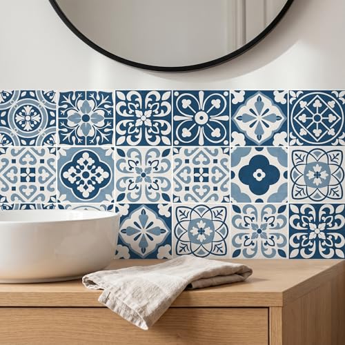 30 Pack Blue and White Peel and Stick Backsplash, 4x4 Inch Mediterranean Tile Stickers, Waterproof Vinyl Wall Decals for Kitchen & Bathroom