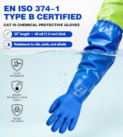 AnTools 25" Heavy-Duty PVC Chemical Gloves, Waterproof Long-Sleeve Work Gloves with Cotton Liner and Non-Slip Grip, for Lab, Pool Cleaning, Oil, and Industrial Work, Blue, Large