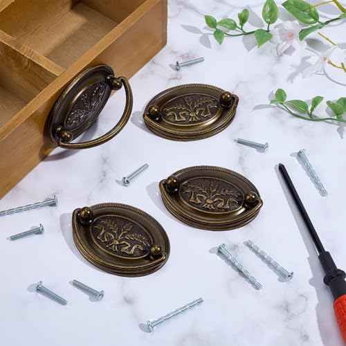 PH PandaHall 4 Pack Antique Drawer Pulls Handles Oval Bail Drawer Pulls 3.3inch Vintage Cabinet Handle Bronze Wheat Pattern Drop Swing Handles with Screws for Vanity Nightstand Wardrobe Cupboard Knob