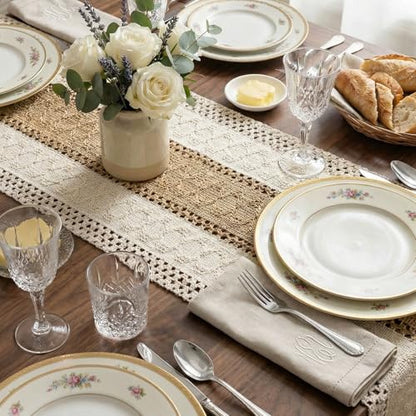 Boho Macrame Table Runner with Tassels 108in Brown Farmhouse Runner - color: White & Brown, size: 12'' x 108''