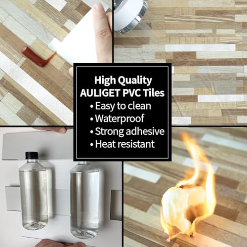 AULIGET 2 Sheets Beige & Brown Wood Peel and Stick Backsplash, PVC Mixed Metal Silver Wall Tile Stick on Backsplash for Kitchen and Bathroom - color: Beige & Brown Wood + Metal Silver, size: 2 Sheets, 6"x12"x0.12"