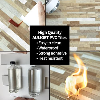 AULIGET 2 Sheets Beige & Brown Wood Peel and Stick Backsplash, PVC Mixed Metal Silver Wall Tile Stick on Backsplash for Kitchen and Bathroom - color: Beige & Brown Wood + Metal Silver, size: 2 Sheets, 6"x12"x0.12"