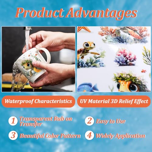 WANDIC 3 Sheets UV DTF Cup Warp Rub on Transfer Stickers, Cartoon Turtle Theme 3D Waterproof Decals for DIY Glass Water Bottle Furniture Crafts,15 * 30cm - color: Cartoon Turtle