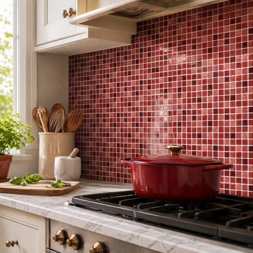 3D Mosaic Peel and Stick DIY Wall Backsplash Tiles (24, Burgundy) - color: Burgundy