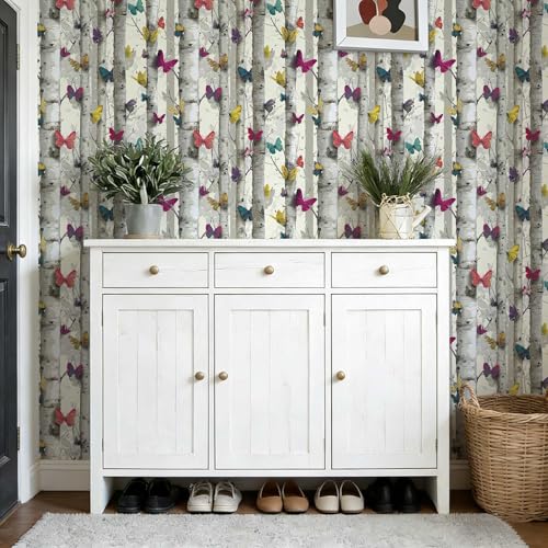 Birch Tree Peel and Stick Wallpaper, Butterfly Woodland Nature Wallpaper - color: ML-M095, size: 17.7" x 236"