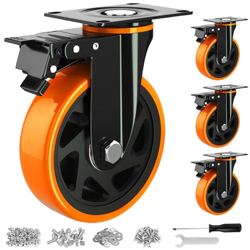 6 Inch Caster Wheels Set of 4, Heavy Duty Casters with Brake - color: Orange, size: 6 Inch